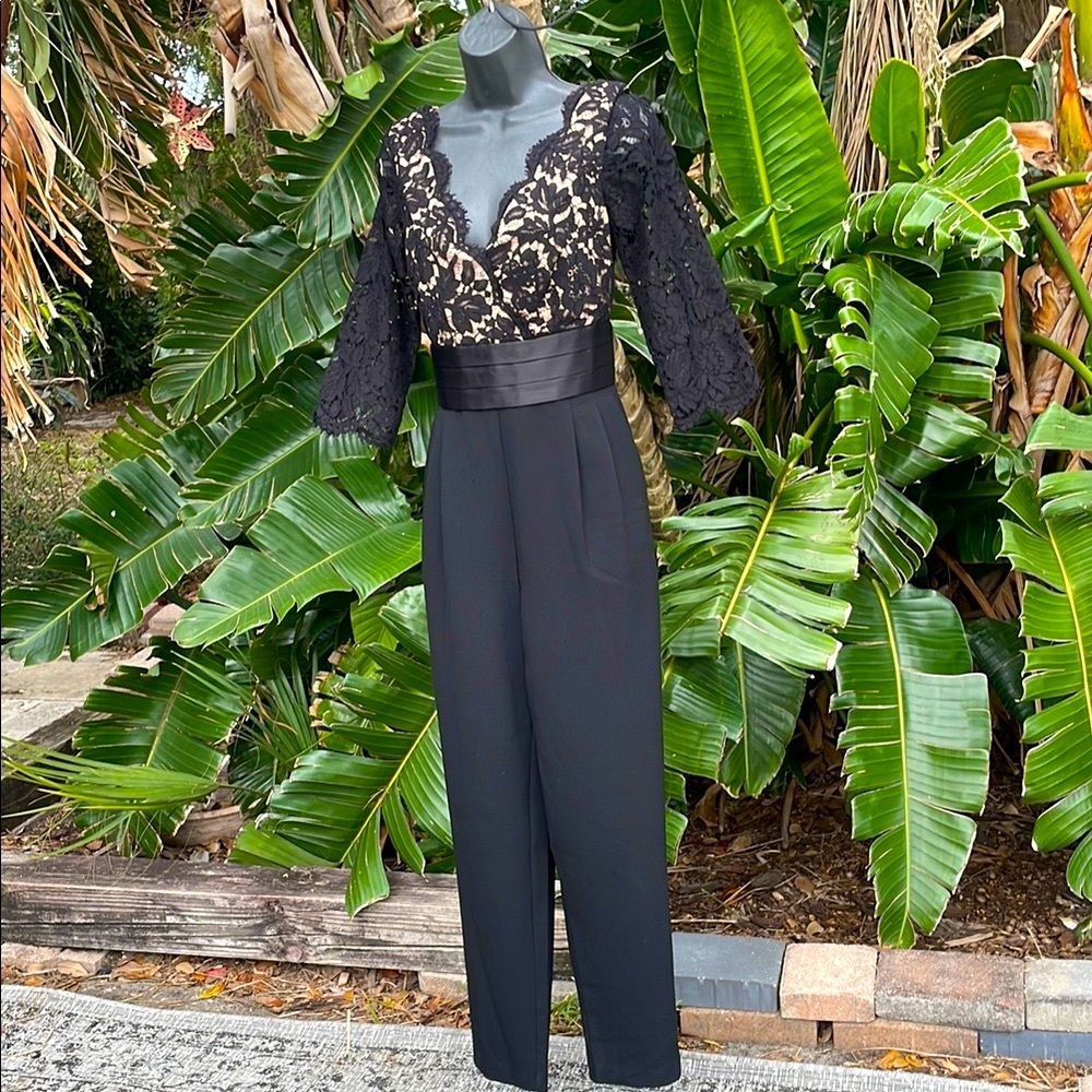 Eliza, J lace top and cummerbund jumpsuit